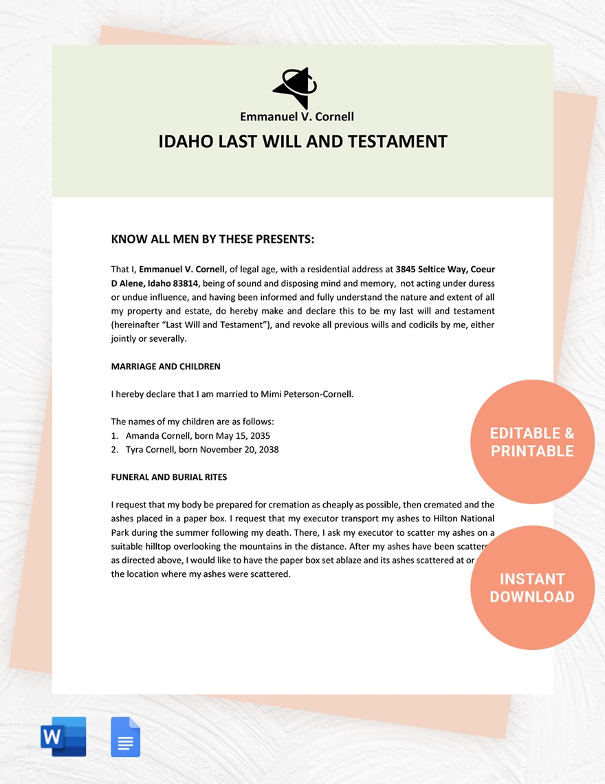 Idaho Last Will And Testament Template In Google Docs Word Download Template