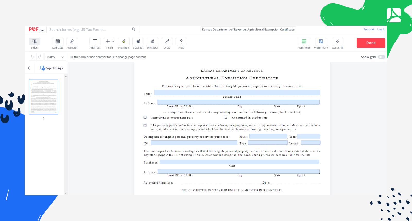 Kansas Agricultural Exemption Certificate PDFliner