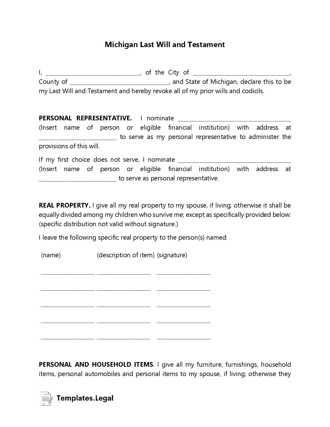 Michigan Last Will And Testament Templates Free Word PDF ODT 