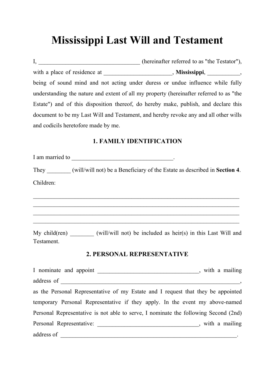 Mississippi Last Will And Testament Template Download Printable 