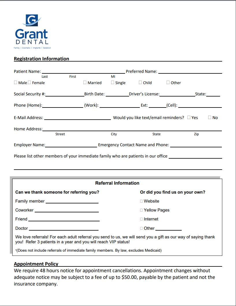 New Patient Forms Grant Dental