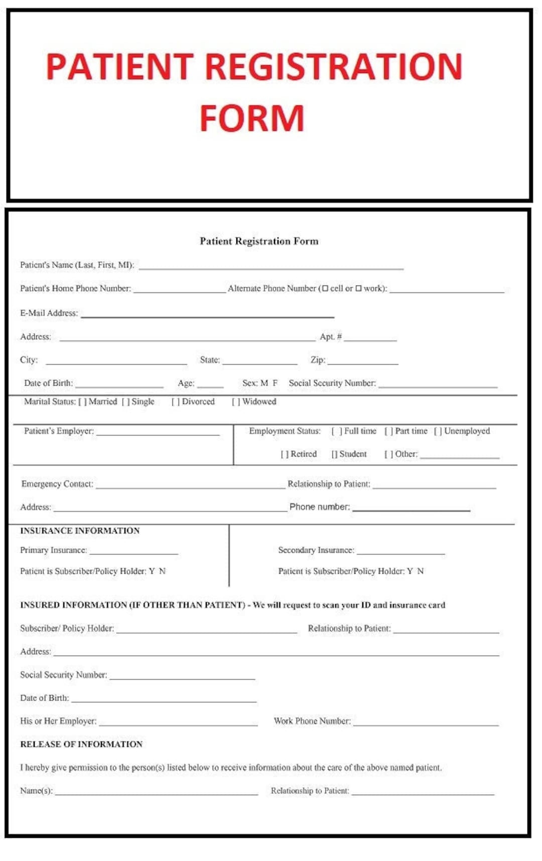 New Patient Registration Patient Intake Patient Information Health History Insurance And Claims Payment Authorization Form PDF File Etsy UK
