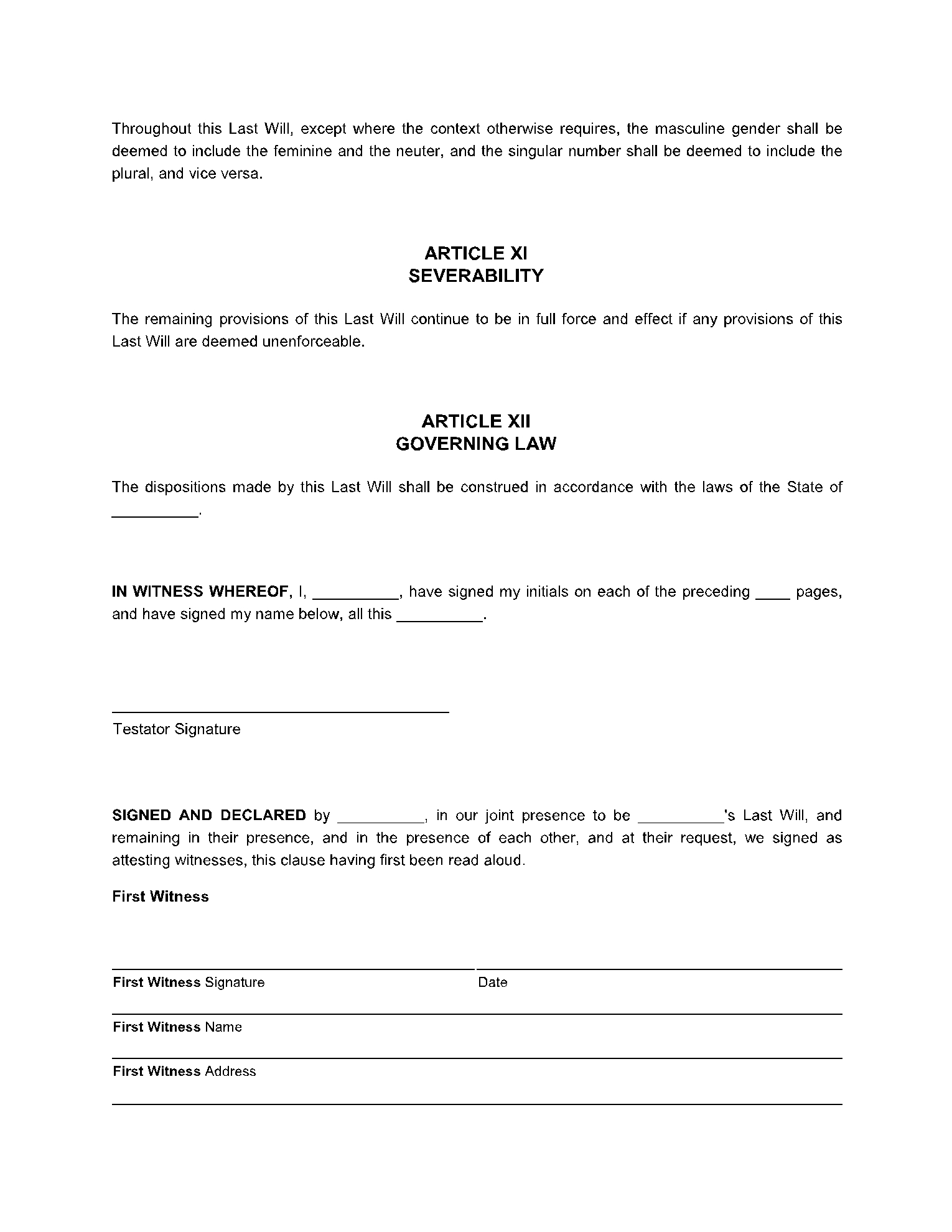 North Carolina Last Will And Testament Template Free Sample