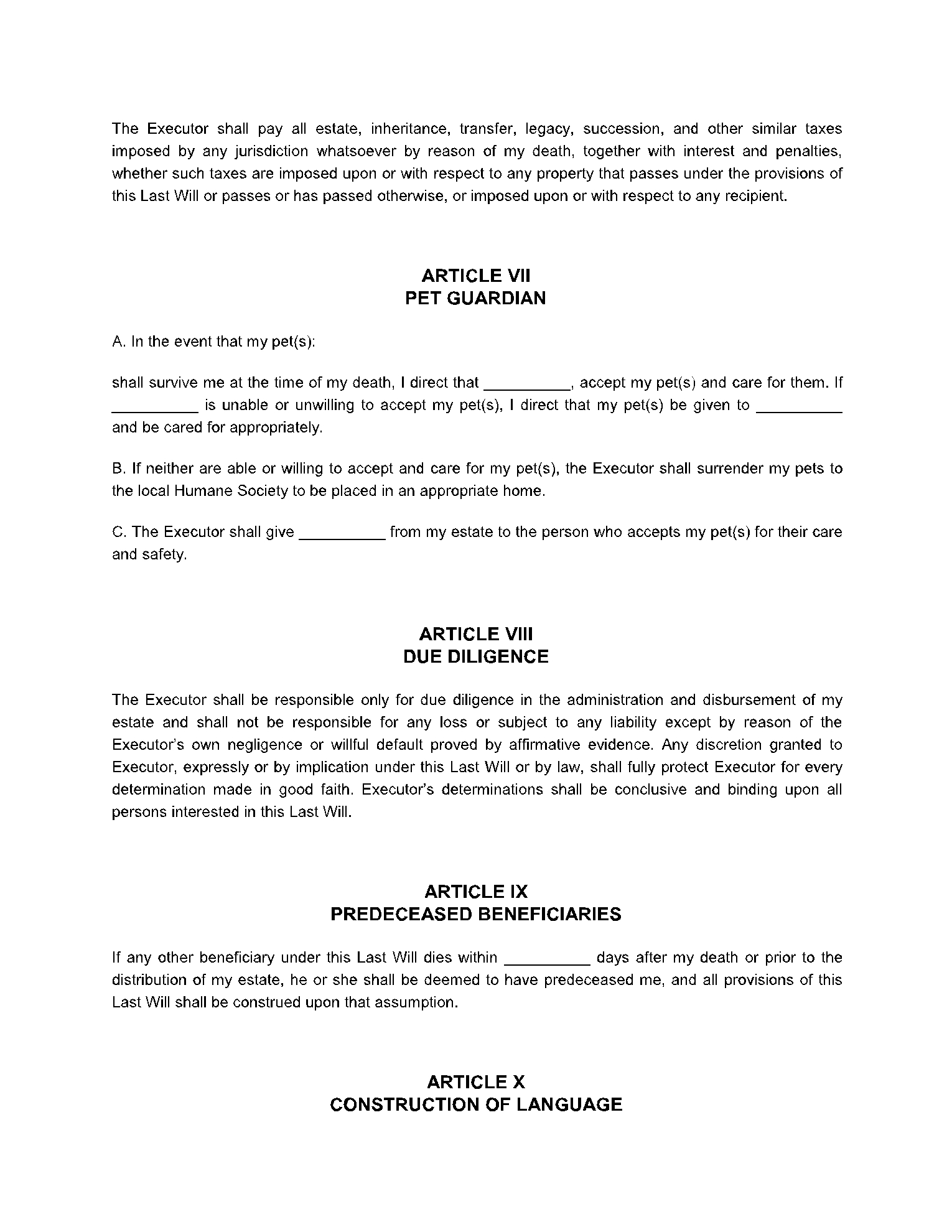 North Carolina Last Will And Testament Template Free Sample