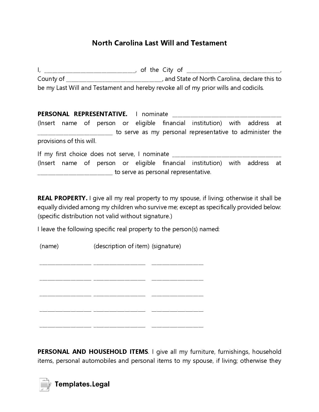 North Carolina Last Will And Testament Templates Free Word PDF ODT 