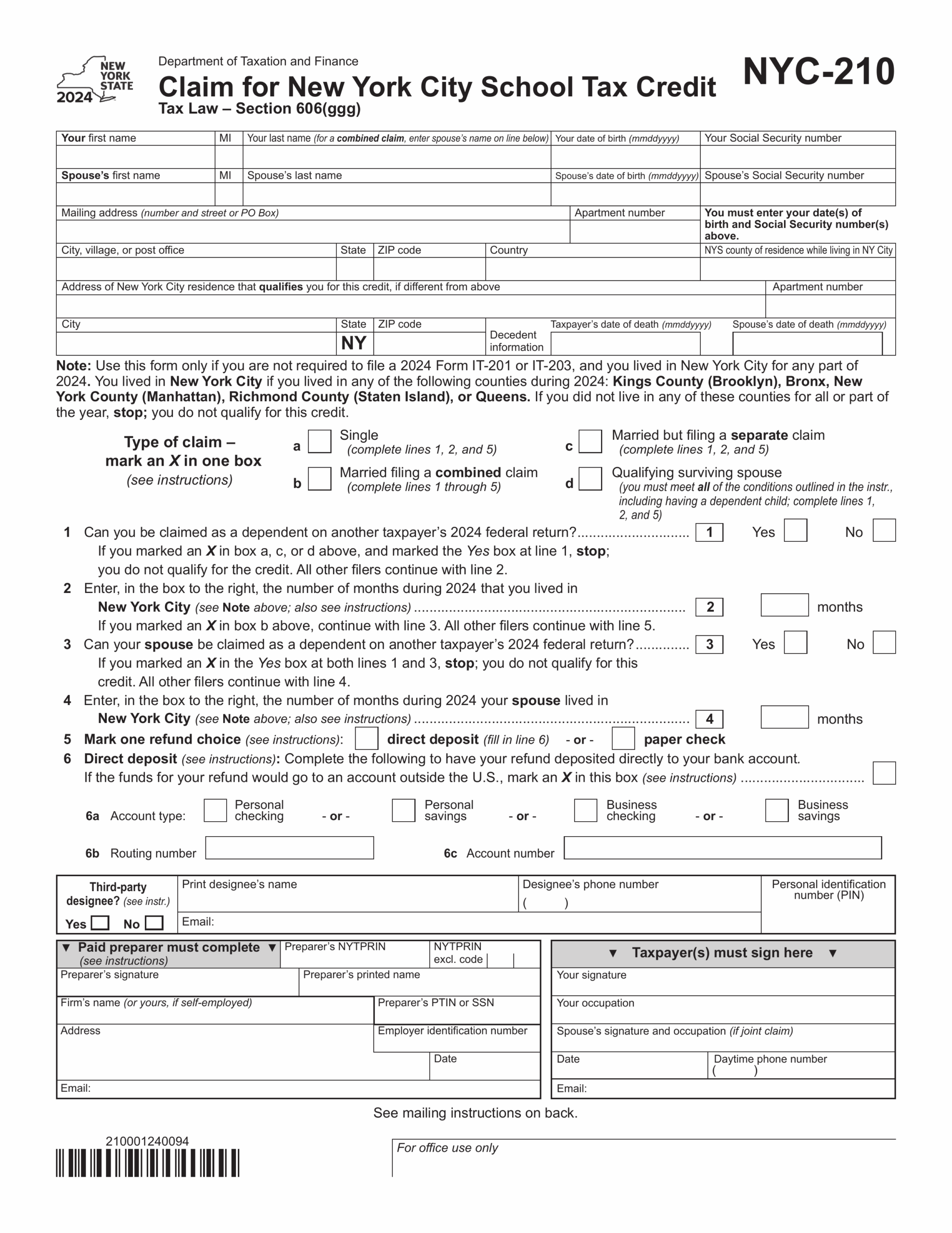 NYC 210 Claim For New York City School Tax Credit 2024 2025 PDF Guru