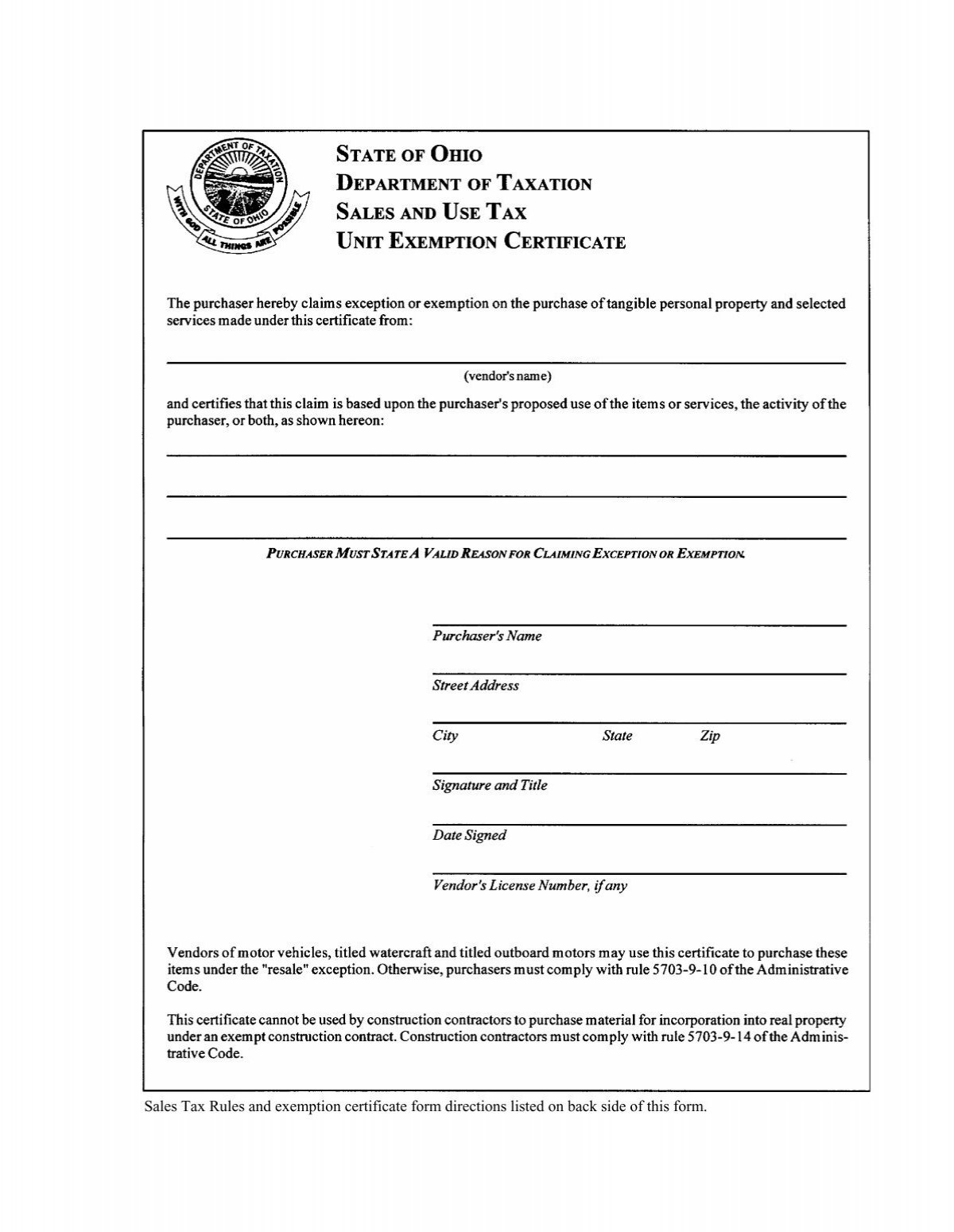 Ohio Tax Exempt Form Holland Computers Inc 