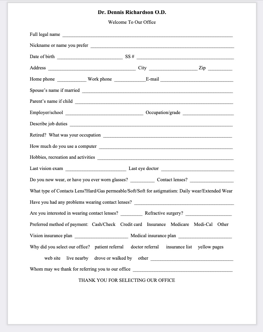 Patient Forms Pismo Beach Optometric Center