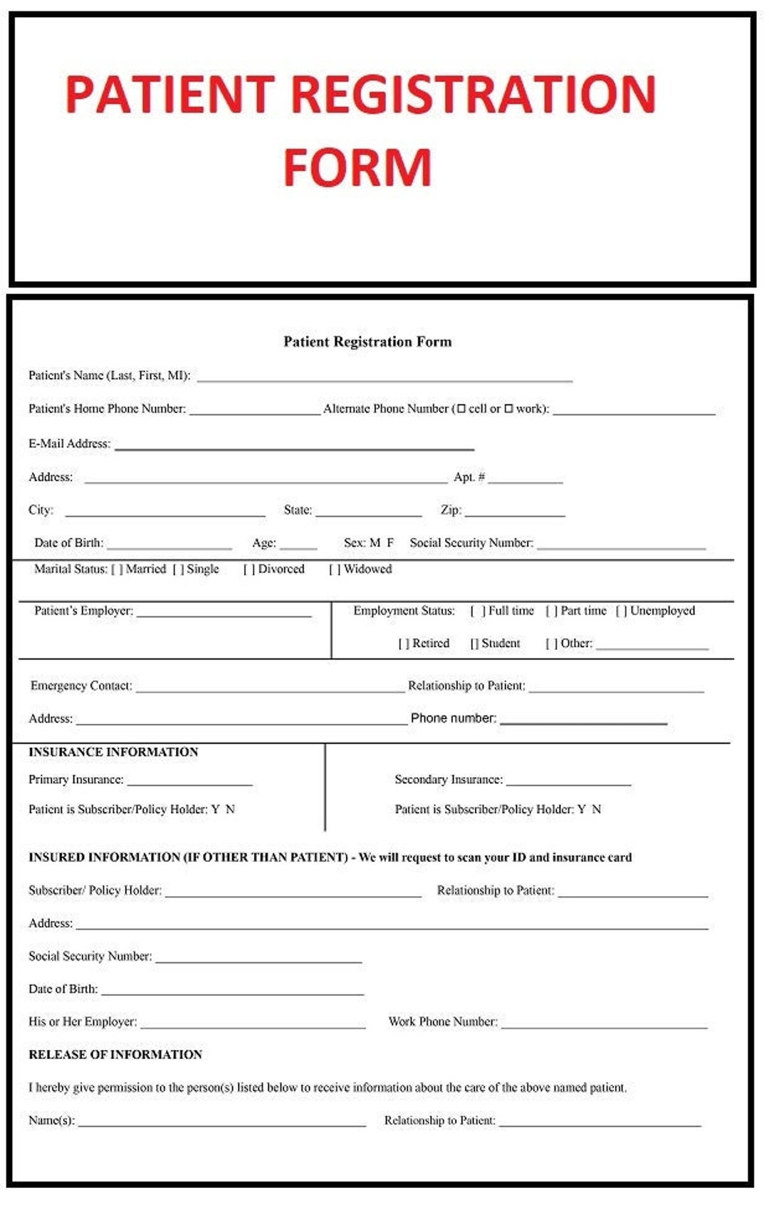 Patient Registration Intake Form Health History Insurance PDF File Etsy