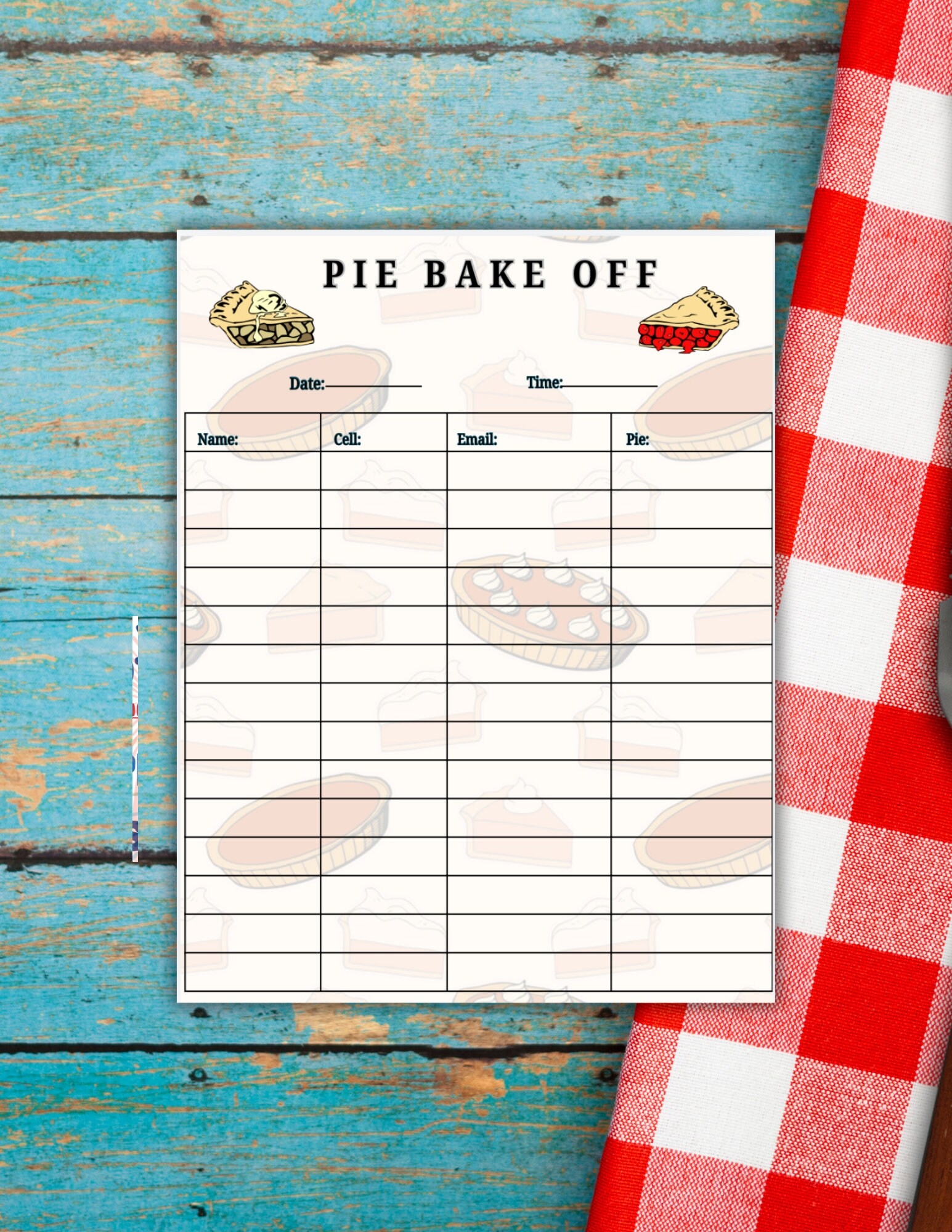 Pie Contestant Sign Up Sheet Pie Baking Contest pie Contest Kit