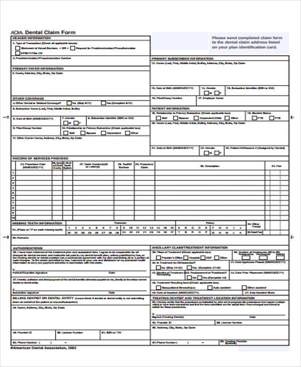 Printable Ada Dental Claim Form 2012