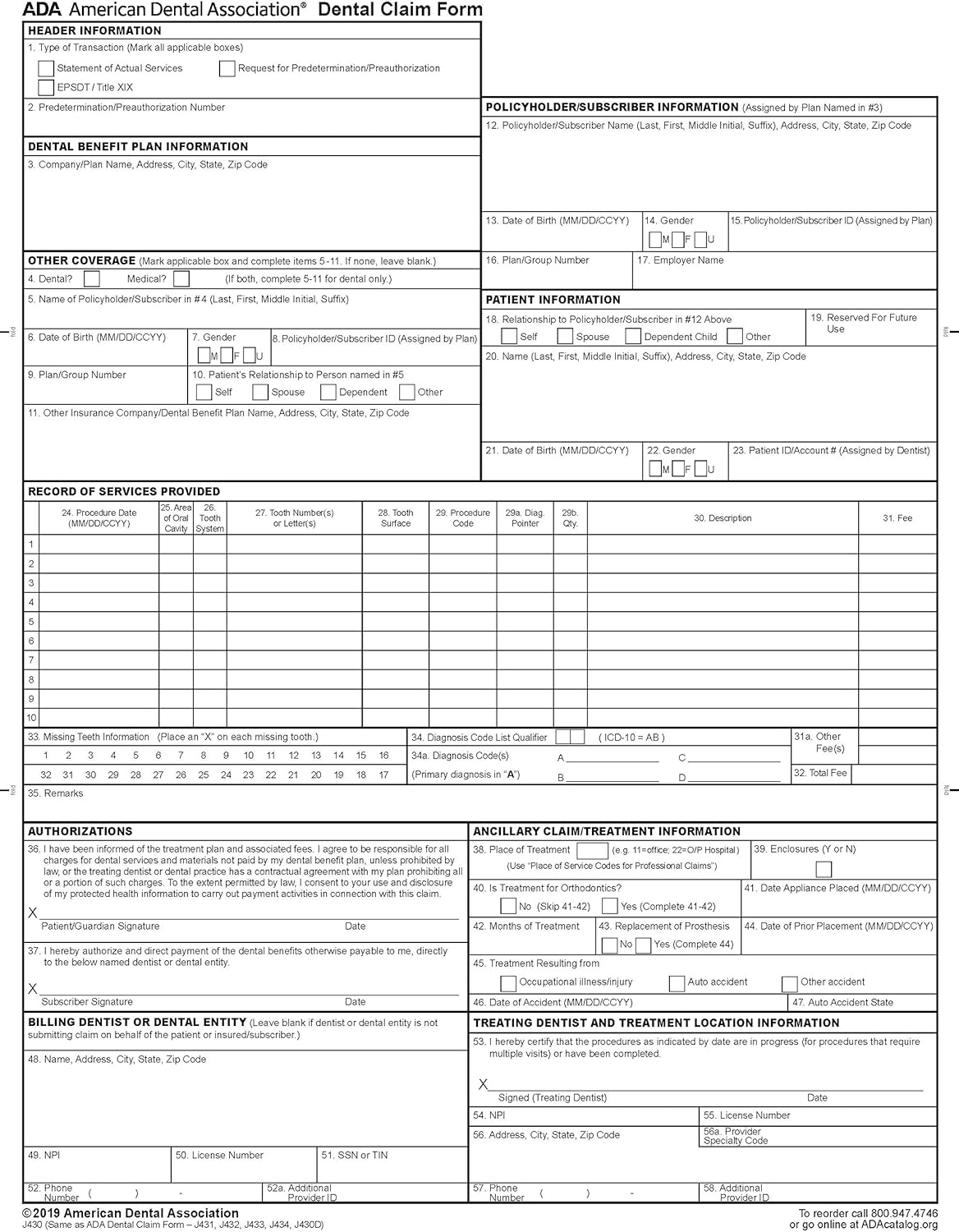 Printable Ada Dental Claim Form 2019
