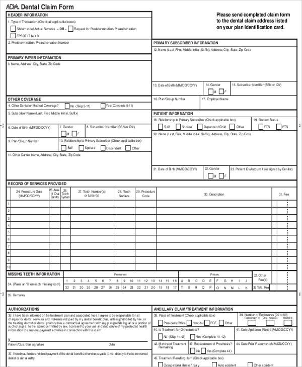 Printable Ada Dental Claim Form 2024