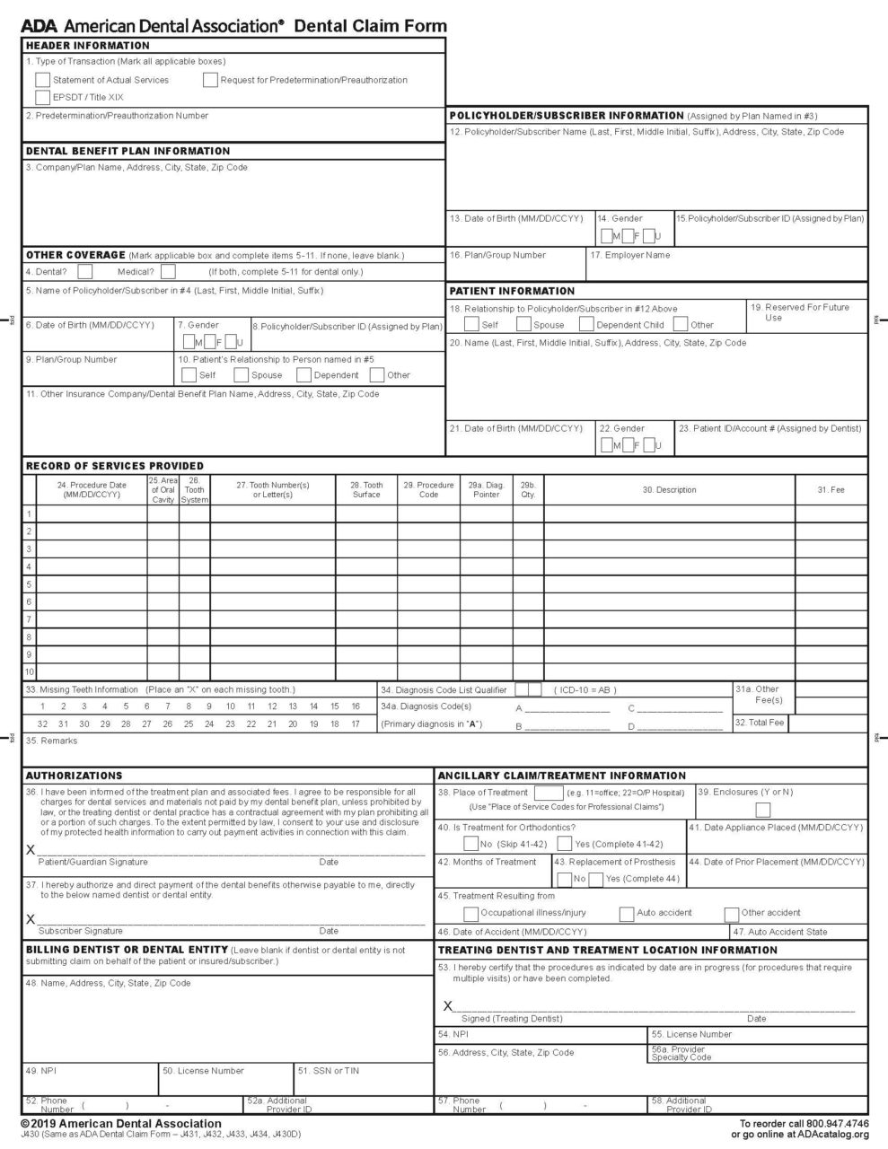 Printable Ada Dental Claim Form