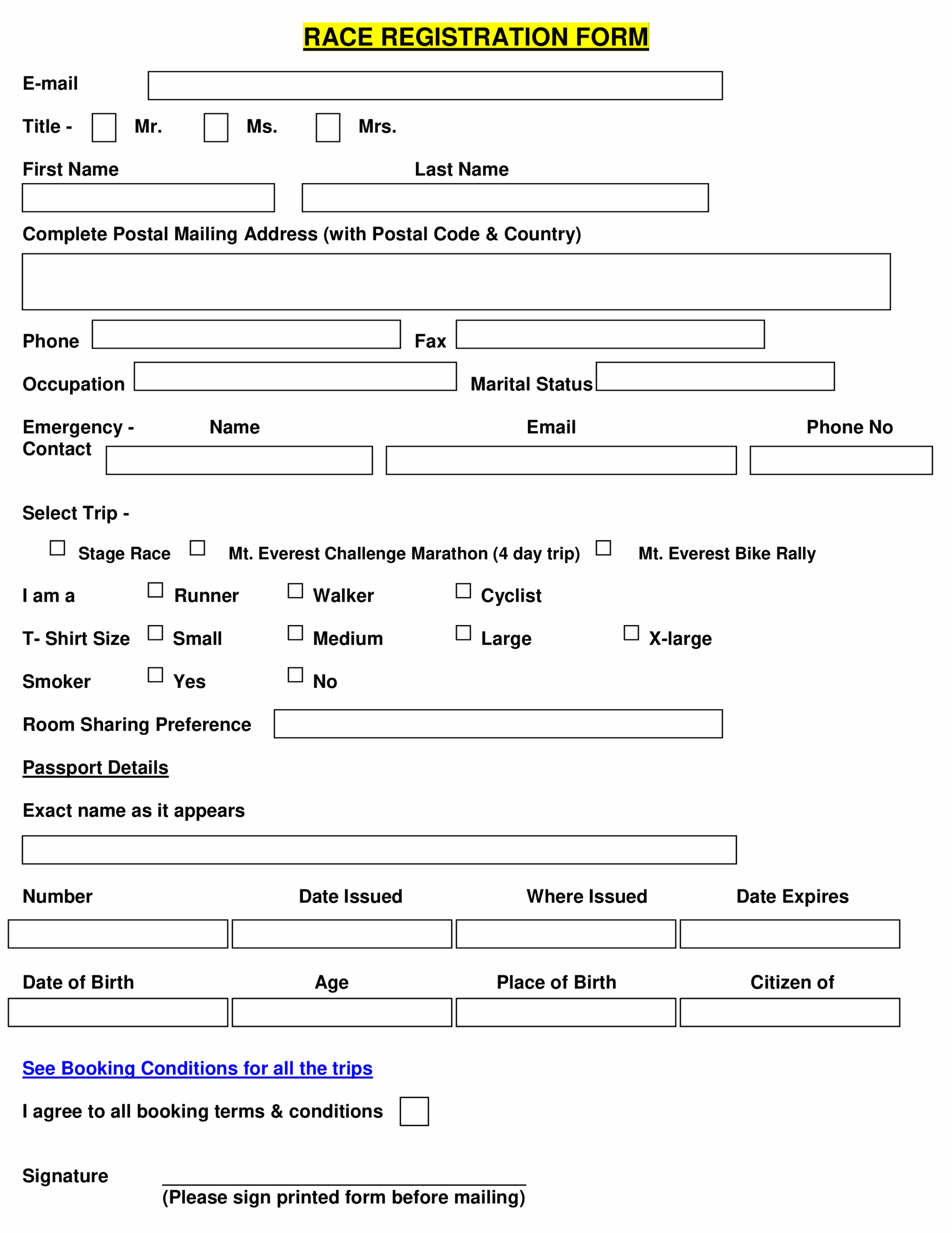 Printable Race Registration Form Templates At 