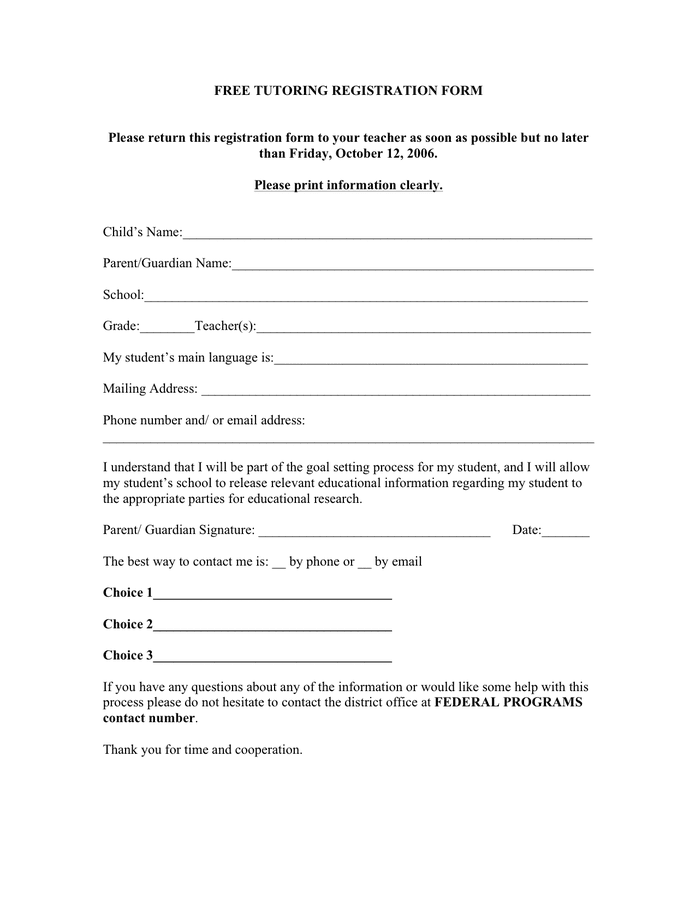 Printable Tutoring Form Printable Forms Free Online