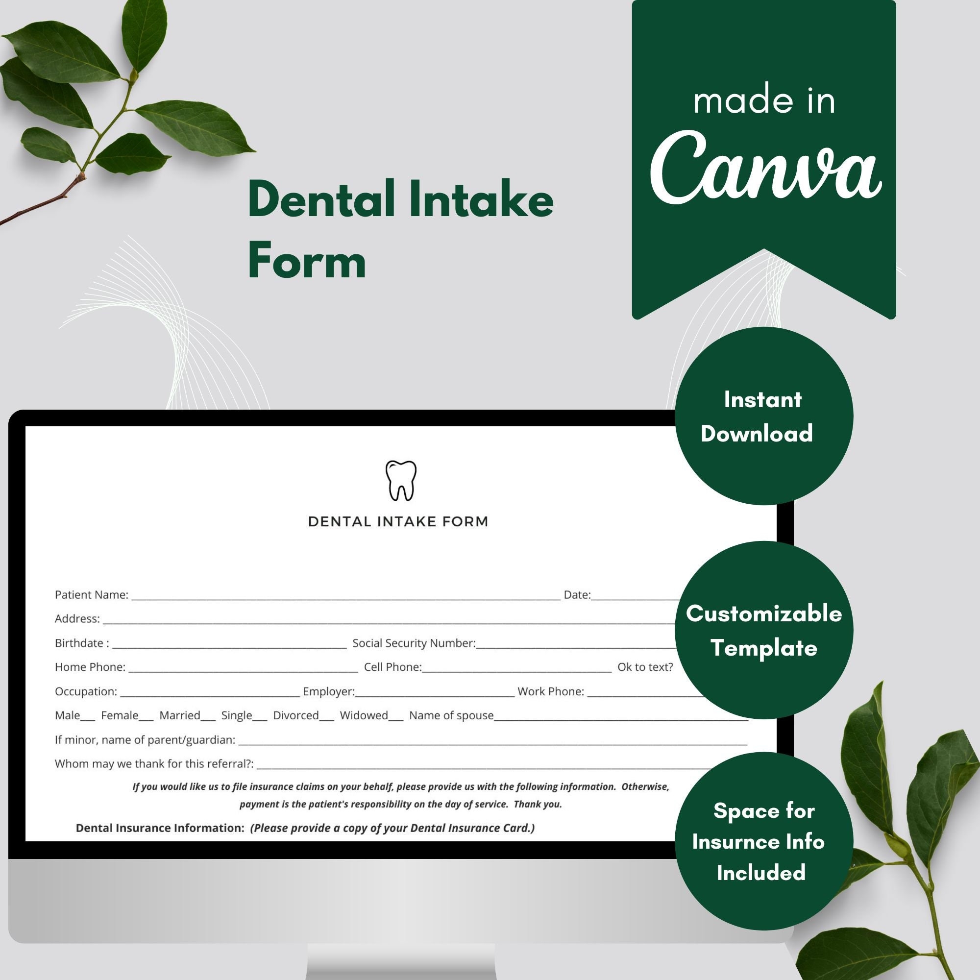 Professional Dental Intake Form Client Informed Consent Form Dental Office Paperwork Template Digital Intake Sheet Dentist Office Intake Etsy