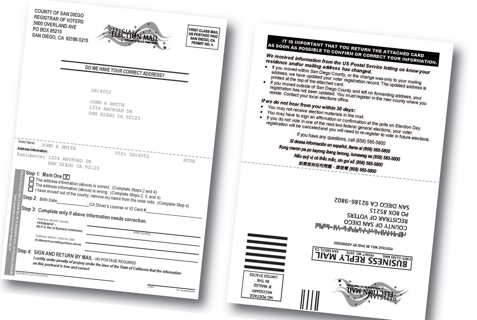 Registrar Mails Postcards To Update Voter Rolls News San Diego County News Center
