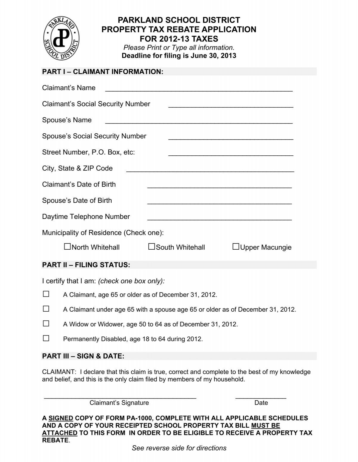 Senior Citizen Tax Rebate Form Parkland School District