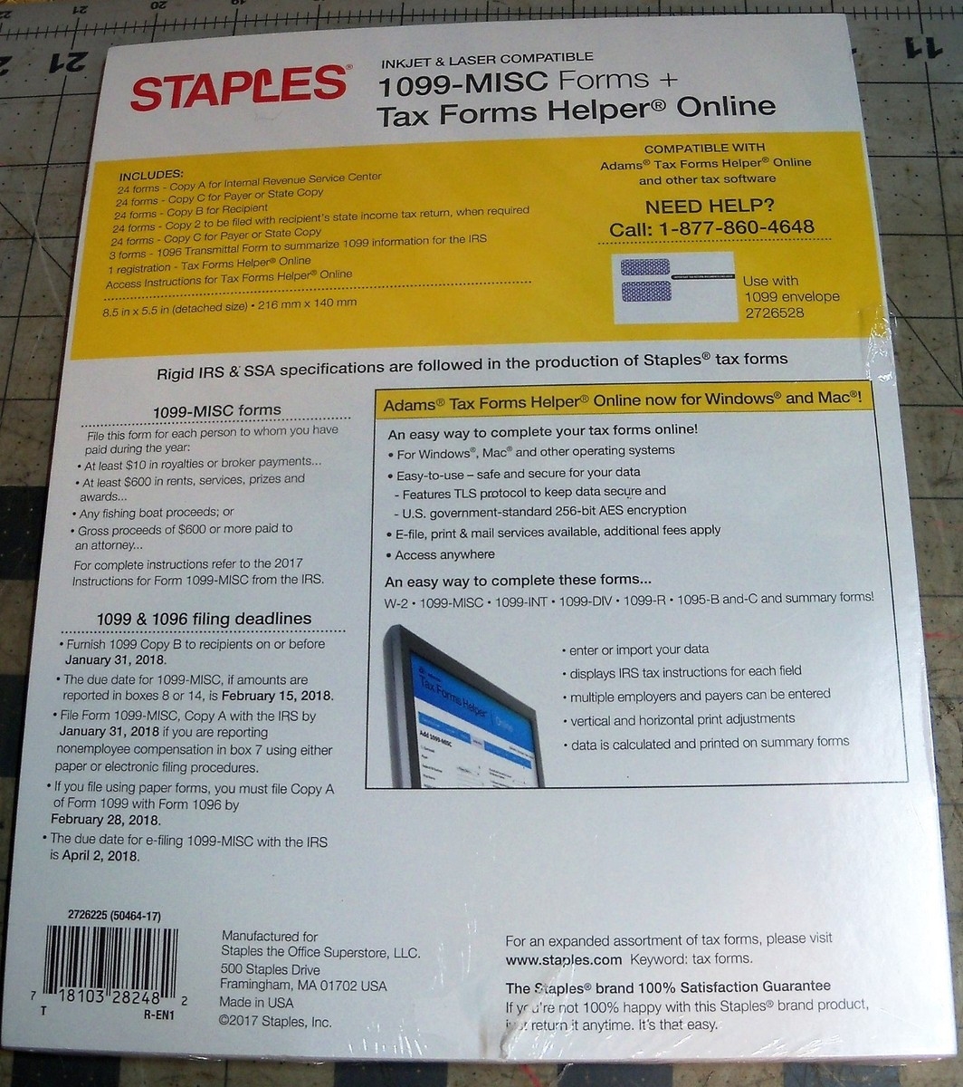 Staples 2017 1099 MISC Forms Tax Form Helper Online 24 5 Piece Sets PC Mac USA EBay
