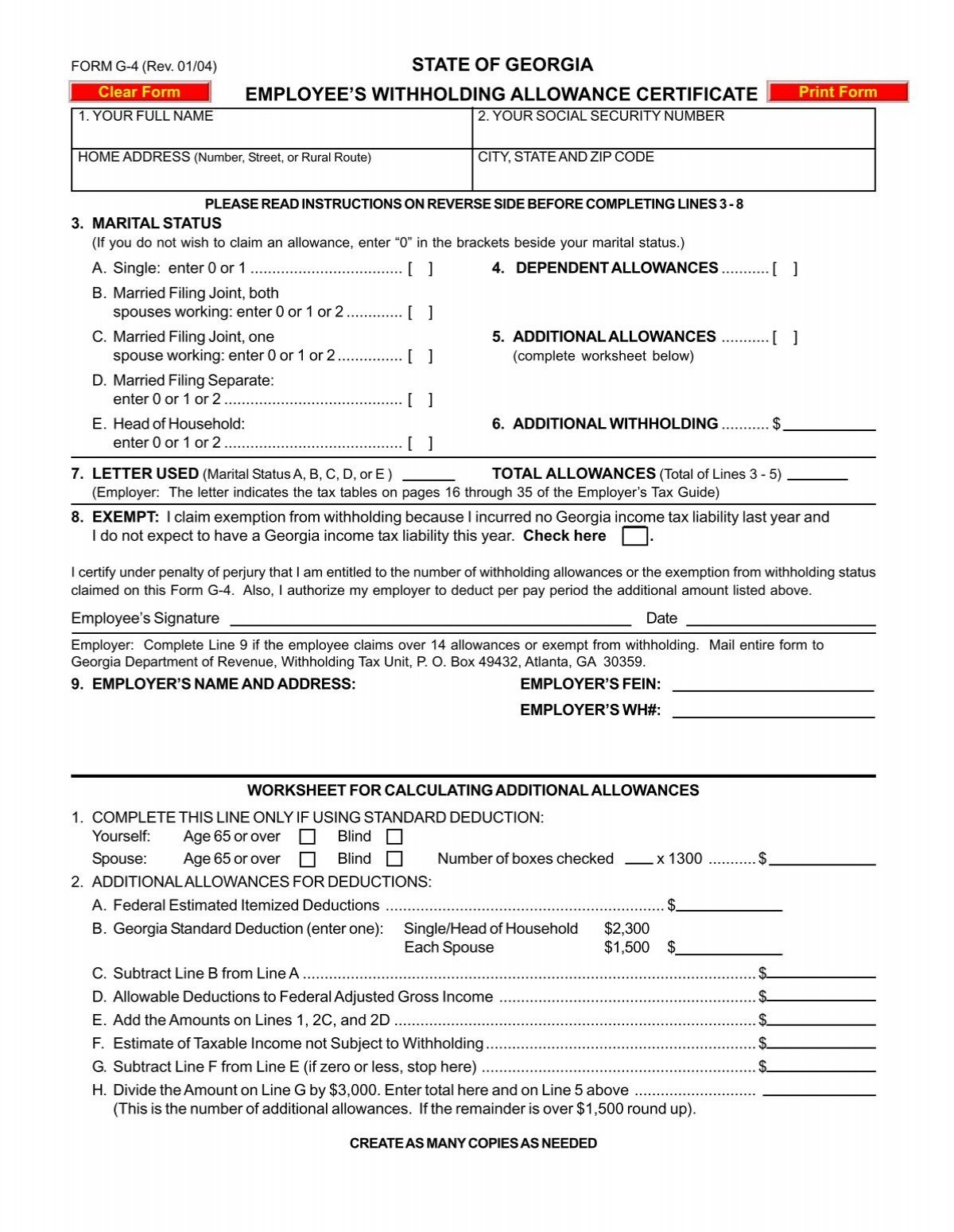 STATE OF GEORGIA EMPLOYEE S WITHHOLDING ALLOWANCE 