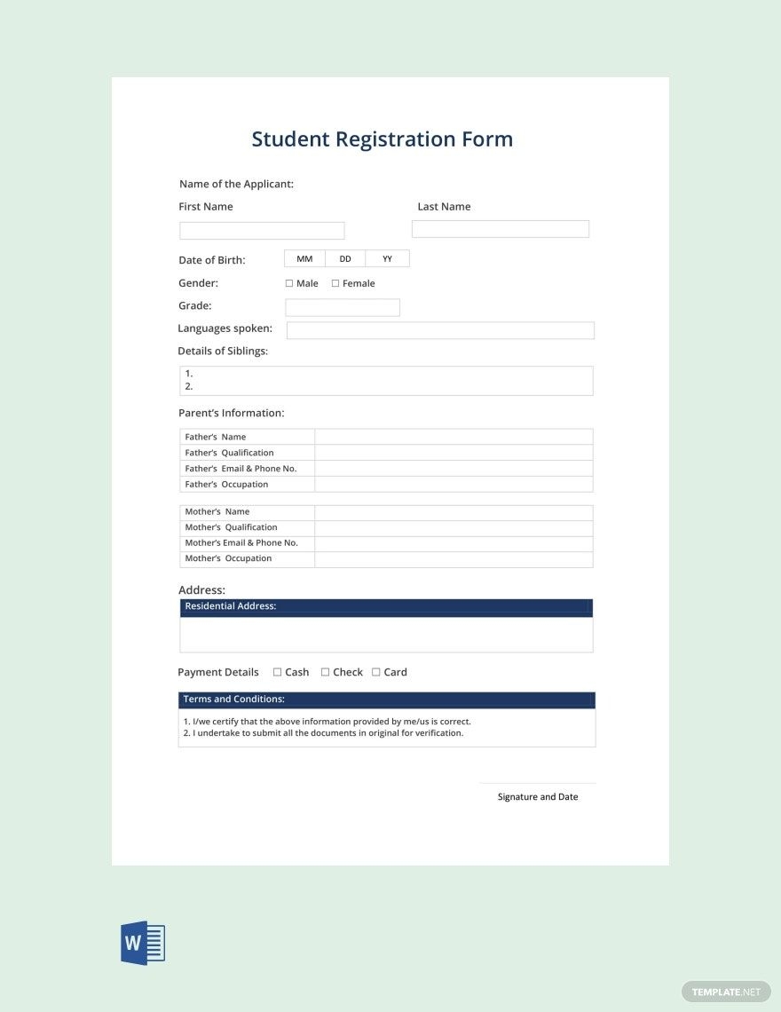 Student Registration Form Template In Word PDF Google Docs 