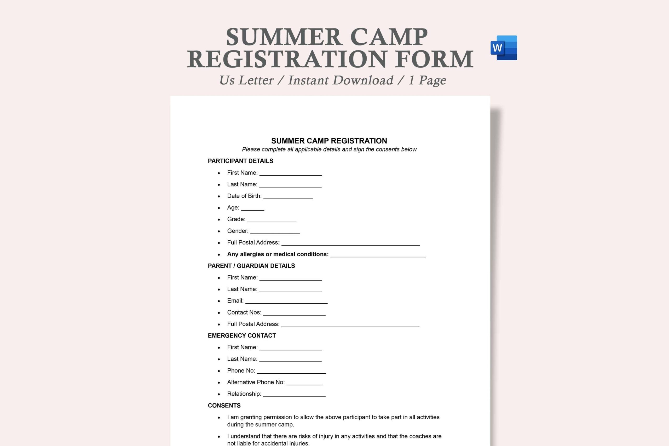 Summer Camp Registration Form summer Camp Registration Form Template summer Camp Registration Form Template Word summer Camp Form Template Etsy Singapore
