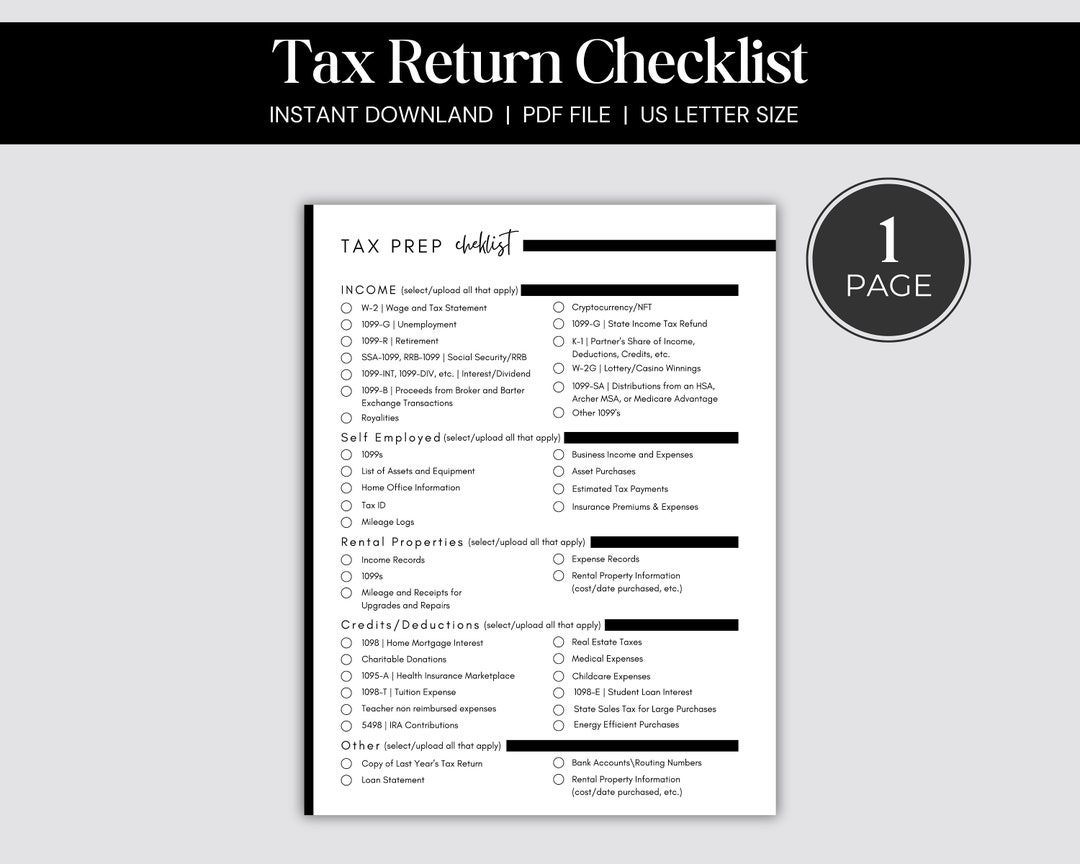 Tax Prep Checklist For Individuals Self Employed And Preparers For Tax Return Filing Etsy