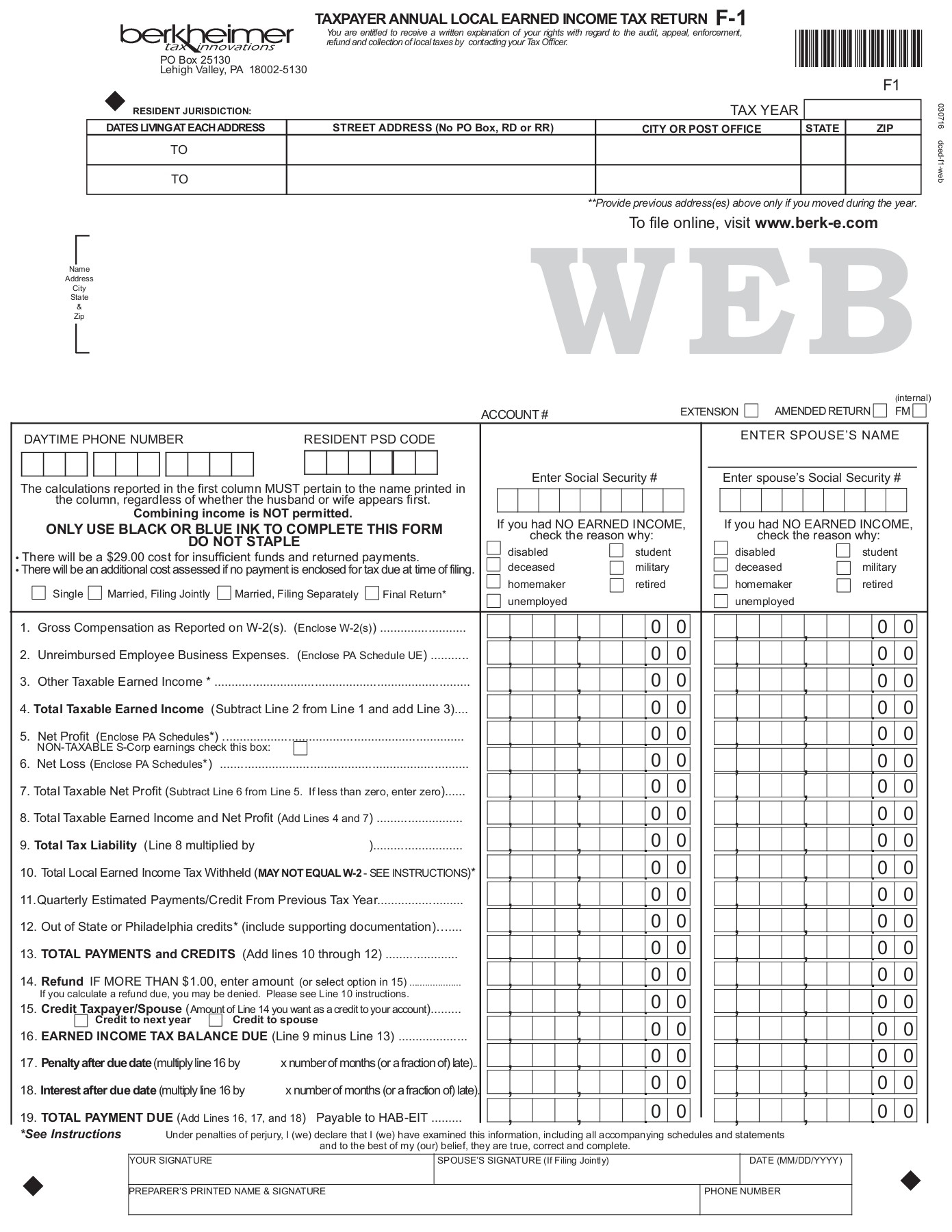 TAXPAYER ANNUAL LOCAL EARNED INCOME TAX RETURN F 1 Flip EBook