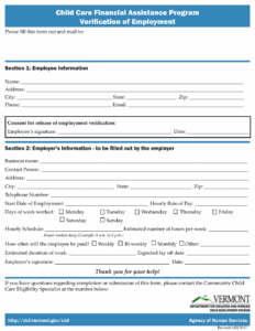 Vermont Verification Of Employment Child Care Financial