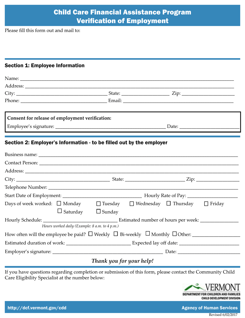 Vermont Verification Of Employment Child Care Financial