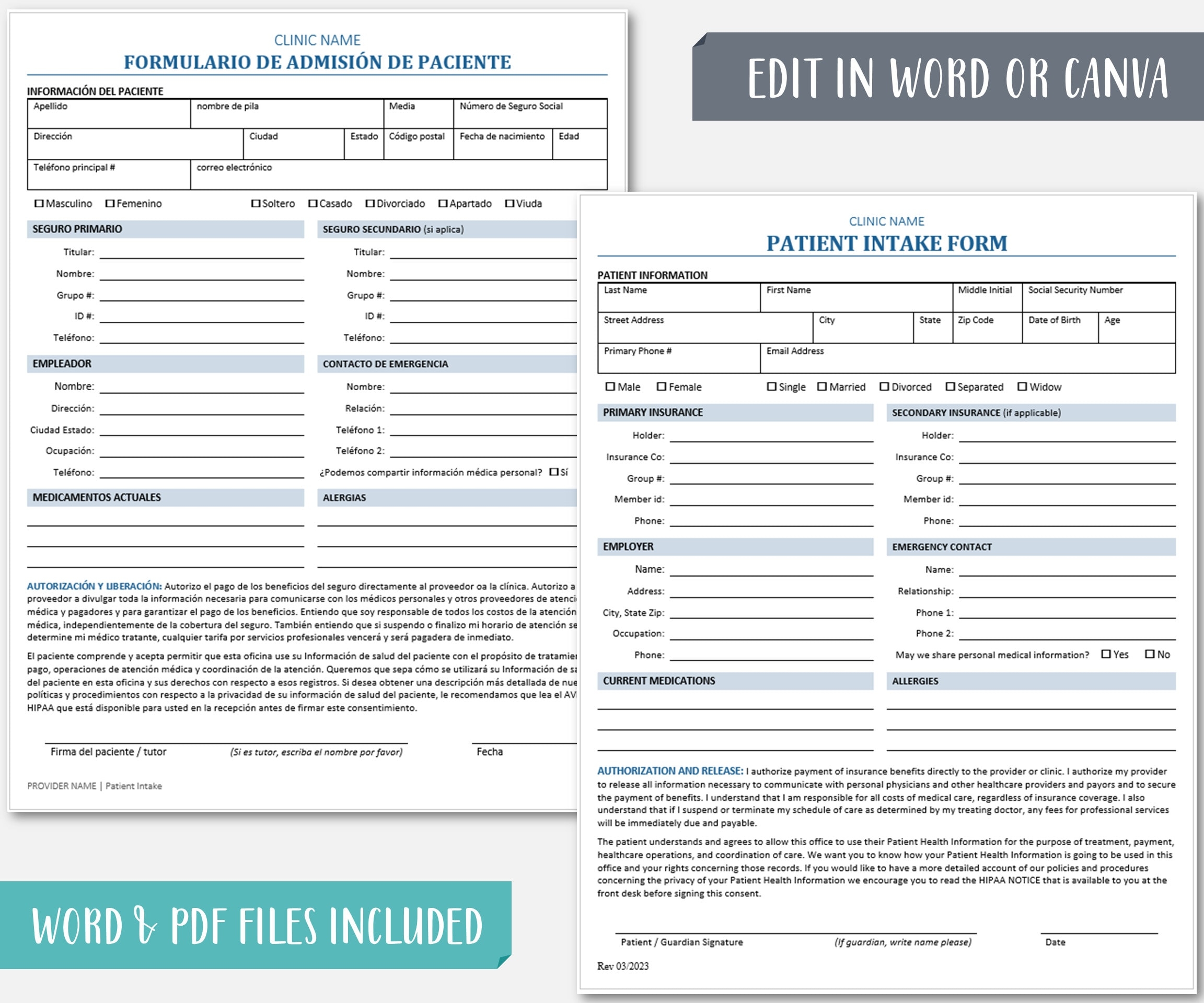 Vision Care Patient Intake Templates Bundle Medical History