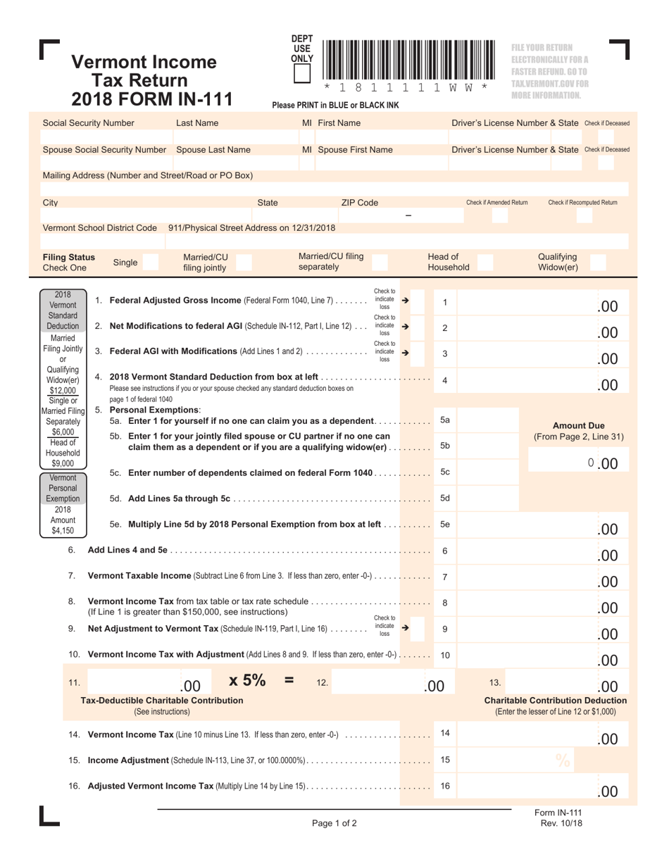 VT Form IN 111 2018 Fill Out Sign Online And Download 