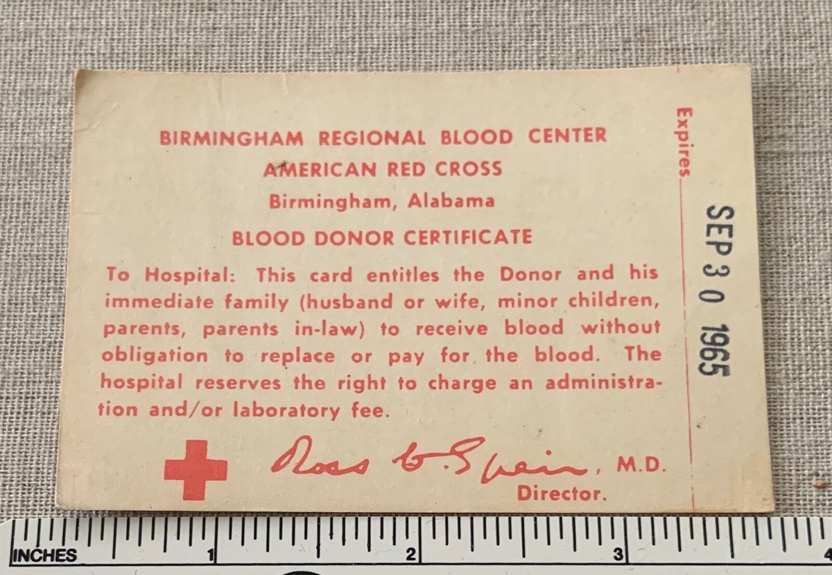 VTG 1960s AMERICAN RED CROSS Blood Donor Certificate CARD 