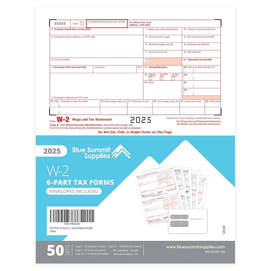 W2 Forms 2019 6 Part Tax Forms 50 Employee Kit Of Laser Forms Designed For QuickBooks And Accounting Software 50 Self Seal Envelopes Included 