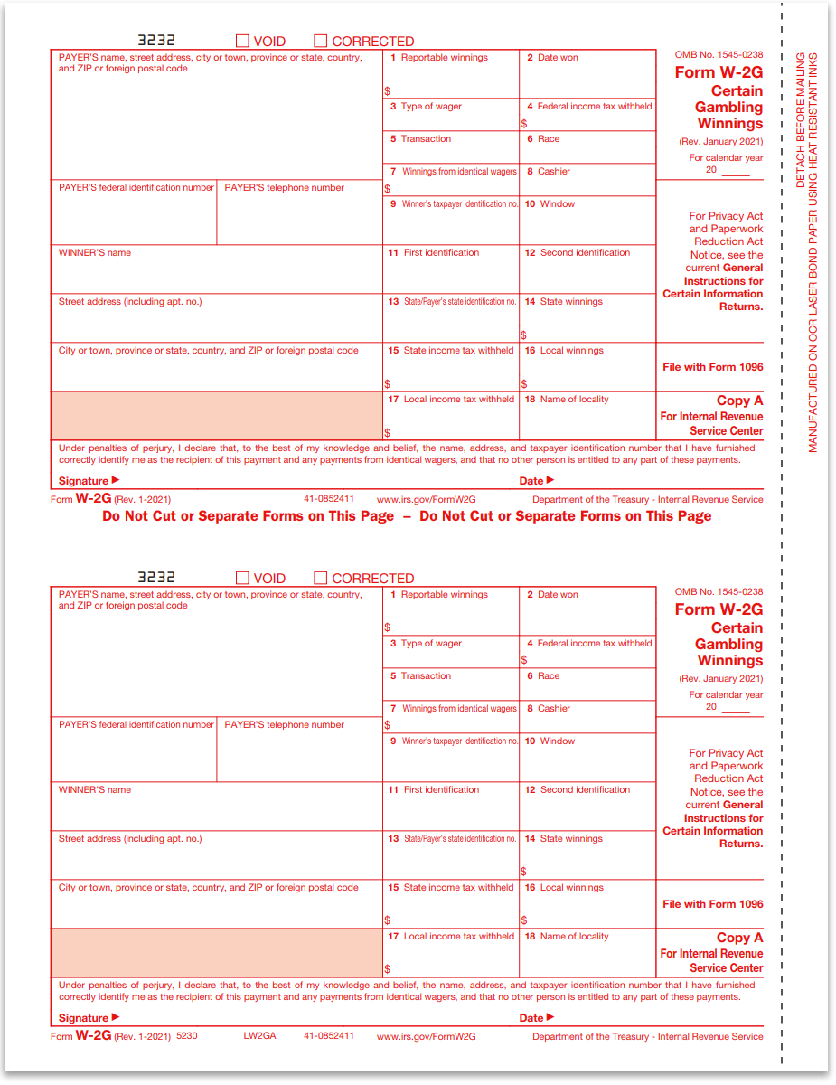 W2G Forms Copy A Payer Federal
