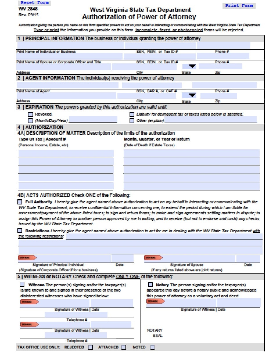 West Virginia Tax Power Of Attorney Form Power Of Attorney Power Of Attorney