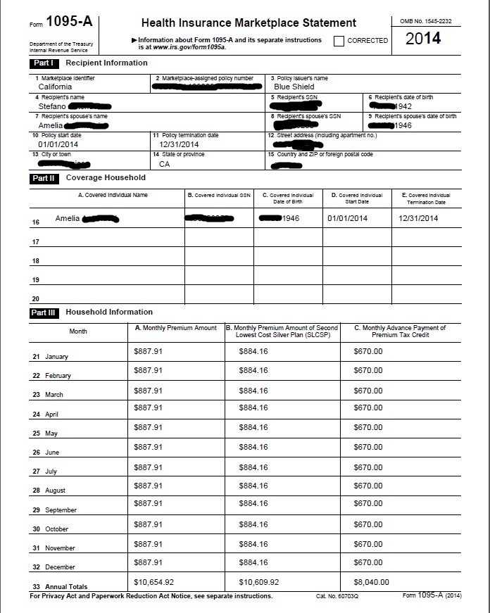 1095 A Tax Credits Subsidies For Form 8962 Attaches To 1040 Covered CA