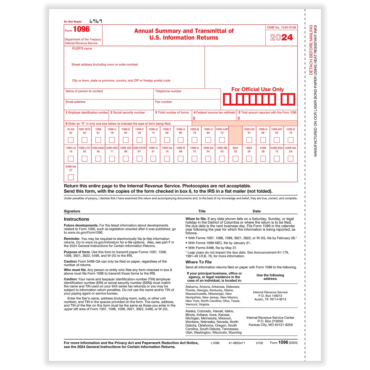 1096 Laser Transmittal IRS Approved 1096 Tax Form Formstax