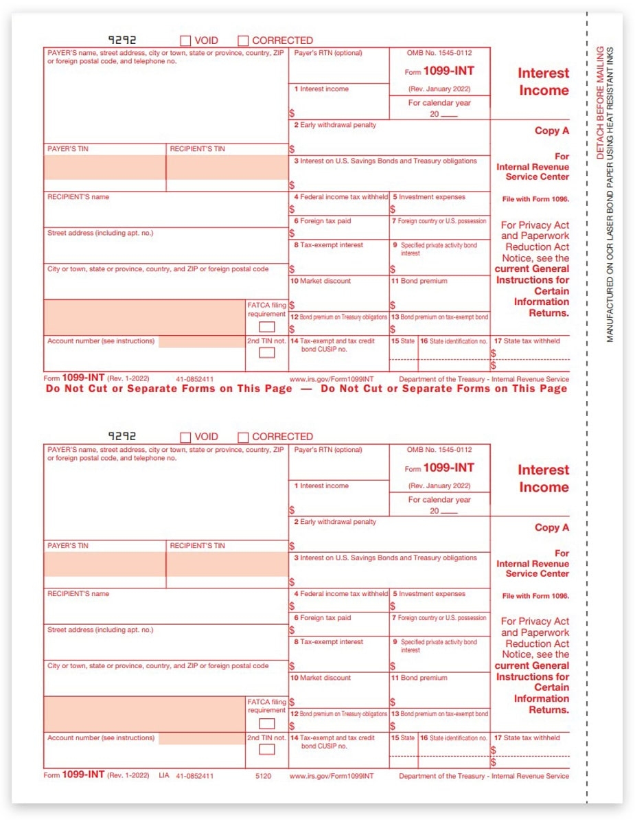 1099INT Tax Forms Red Copy A For IRS Filing ZBPforms