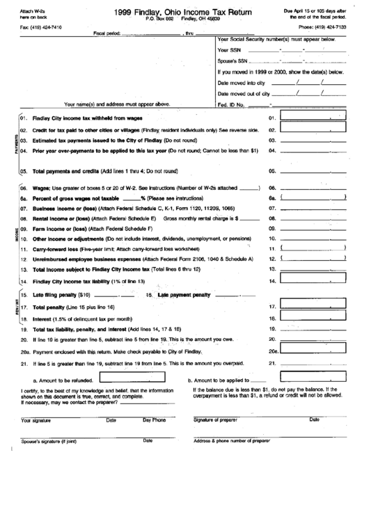 1999 Findlay Ohio Income Tax Return Printable Pdf Download