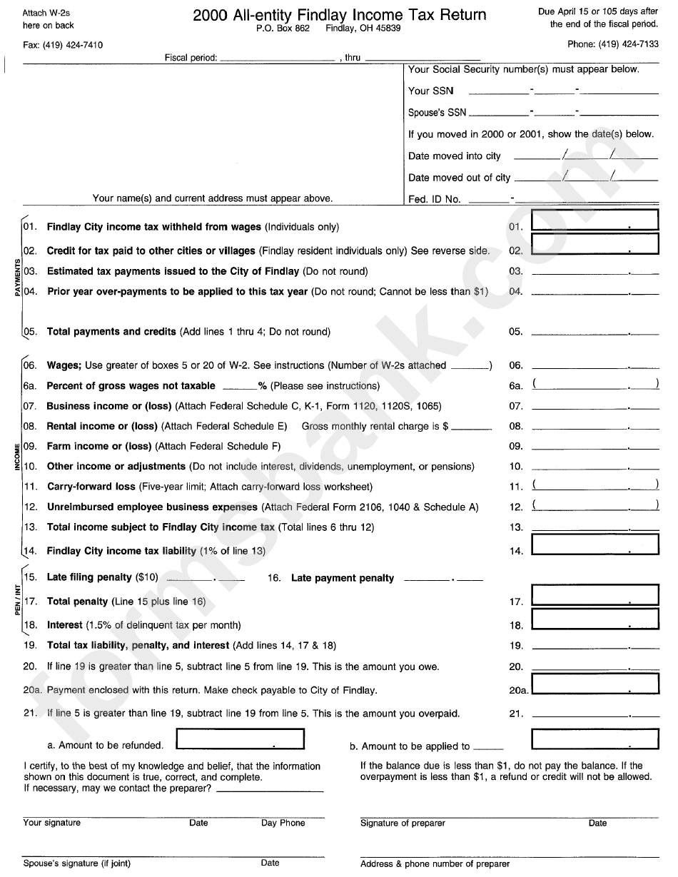 2000 Ali Entity Findlay Income Tax Return Form State Of Ohio 