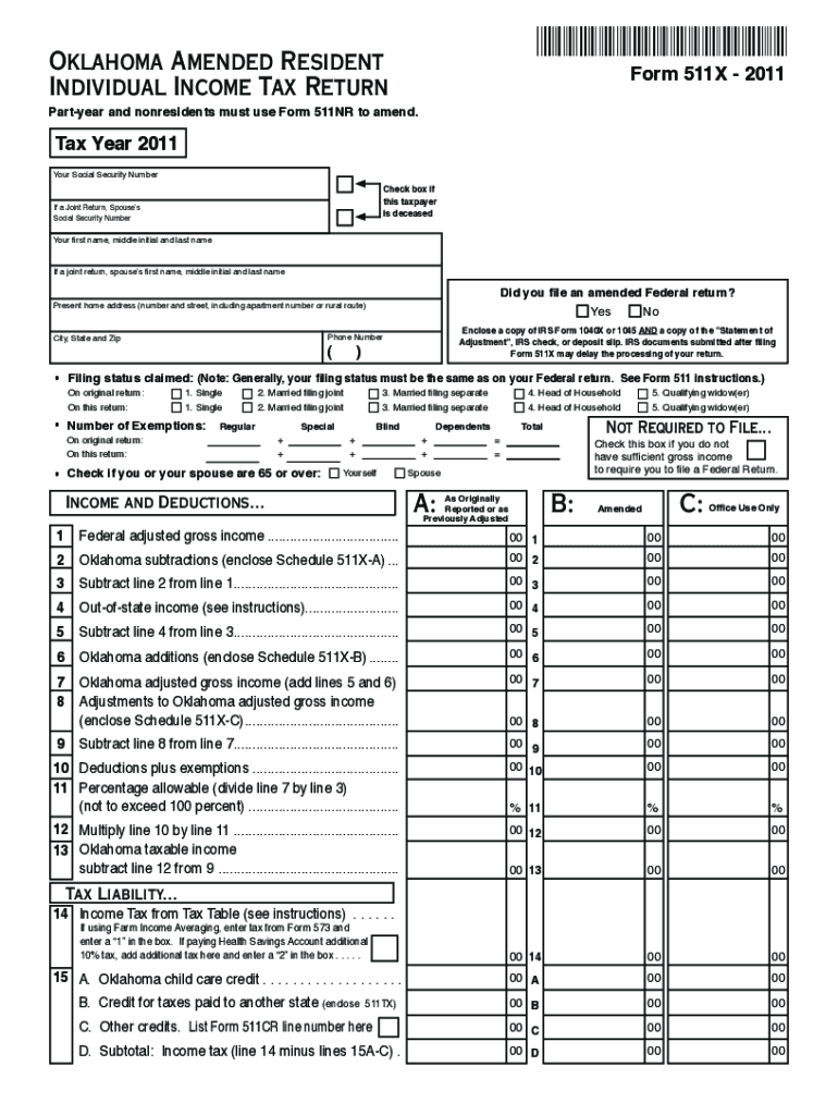 2011 Form 511 X Oklahoma Amended Resident Individual Income Tax Return 