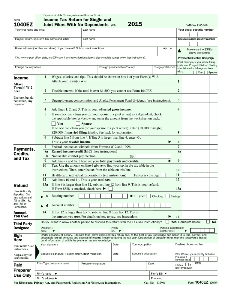 2015 Form IRS 1040 EZ Fill Online Printable Fillable Blank PdfFiller
