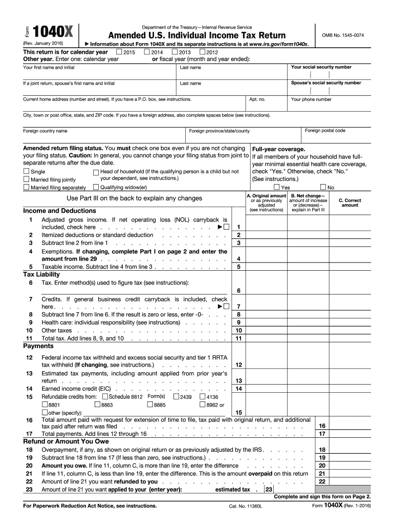 2016 Form IRS 1040 X Fill Online Printable Fillable Blank PdfFiller