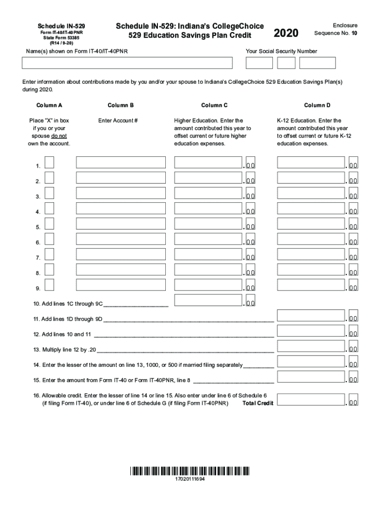 2020 Form IN Schedule IN 529 Fill Online Printable Fillable Blank 