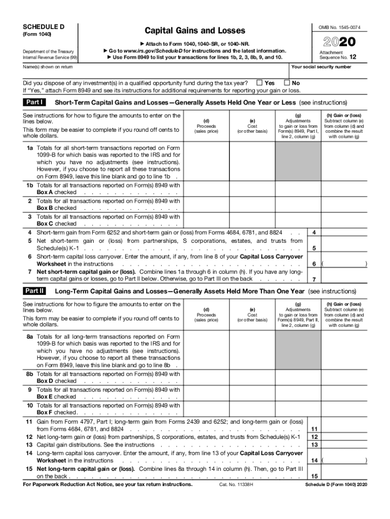 2020 Form IRS 1040 Schedule D Fill Online Printable Fillable Blank 