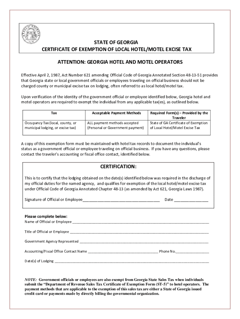 2022 2025 Form GA Certificate Of Exemption Of Local Hotel Motel Excise 