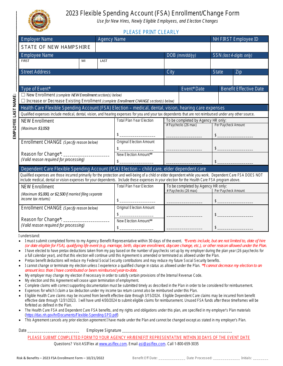 2023 New Hampshire Flexible Spending Account FSA Enrollment Change 
