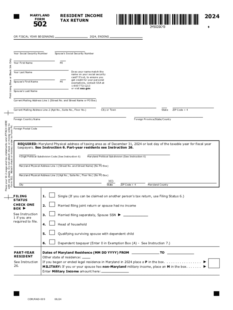2024 Maryland Form 502 Resident Income Tax Return Fill Out Sign